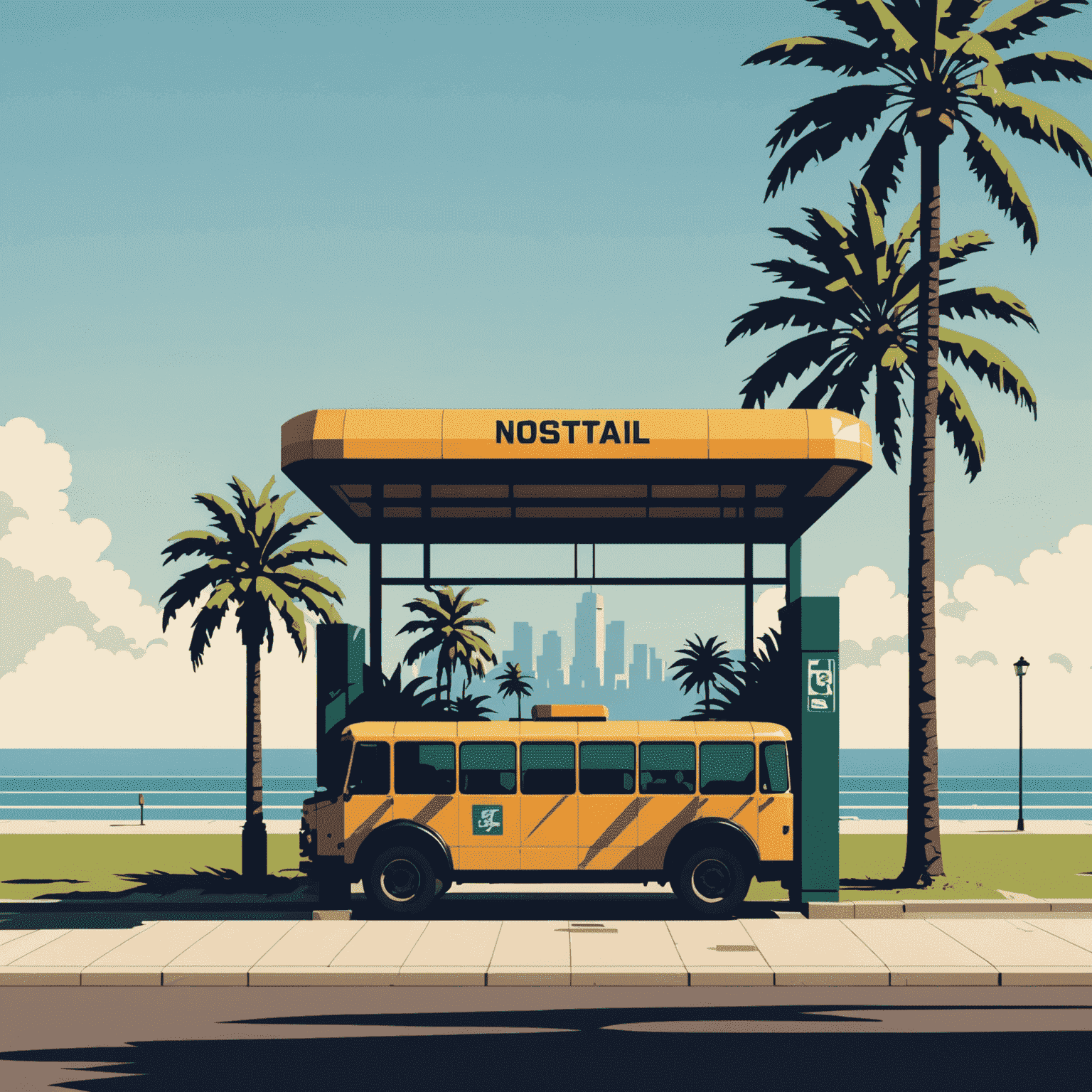 NostalgiaGrid logo featuring a pixelated bus stop silhouette with palm trees