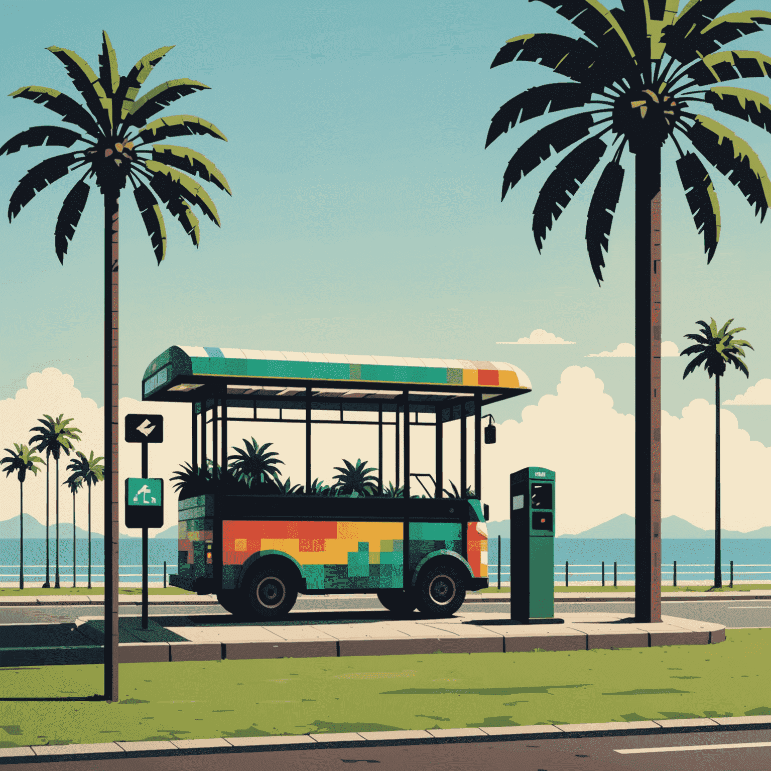 NostalgiaGrid logo featuring a pixelated bus stop silhouette with palm trees