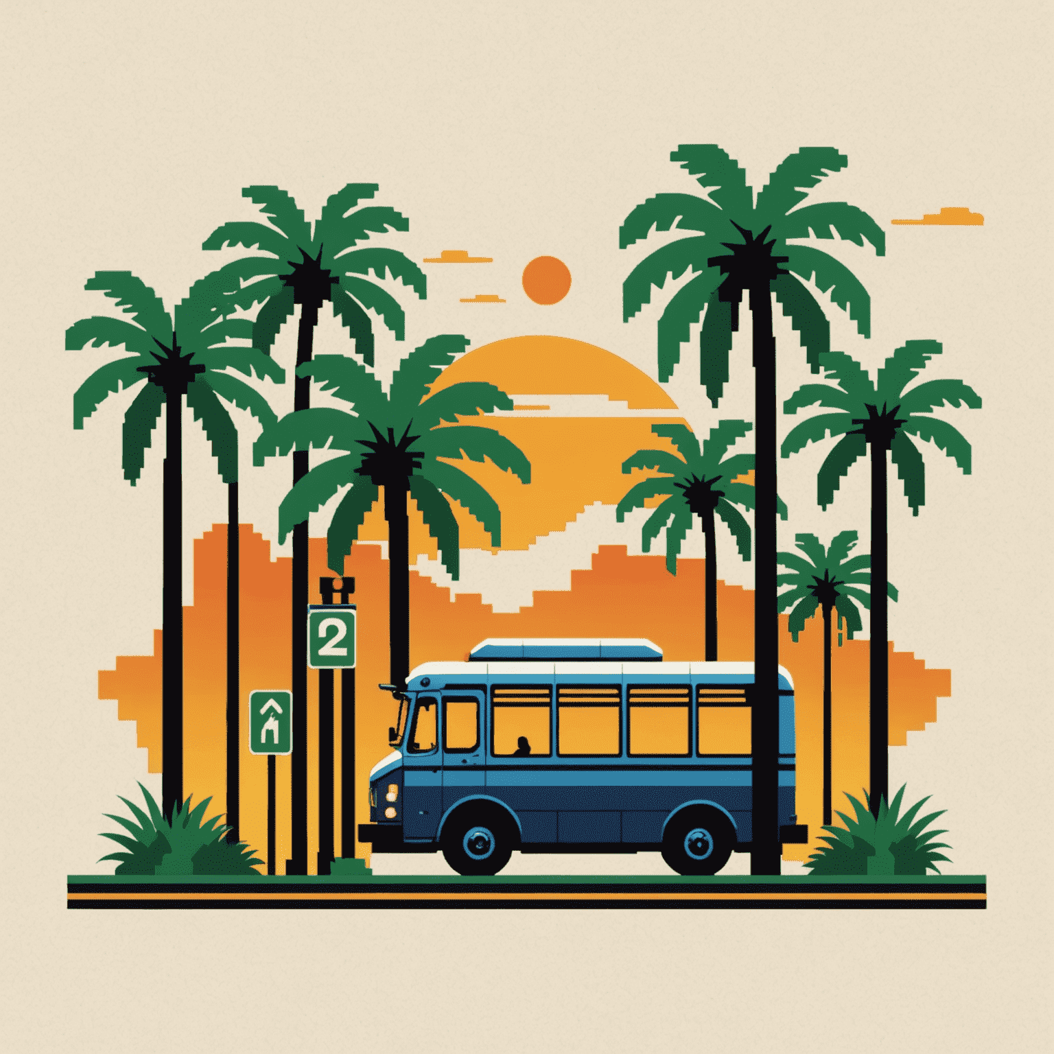 NostalgiaGrid logo featuring a pixelated bus stop silhouette with palm trees