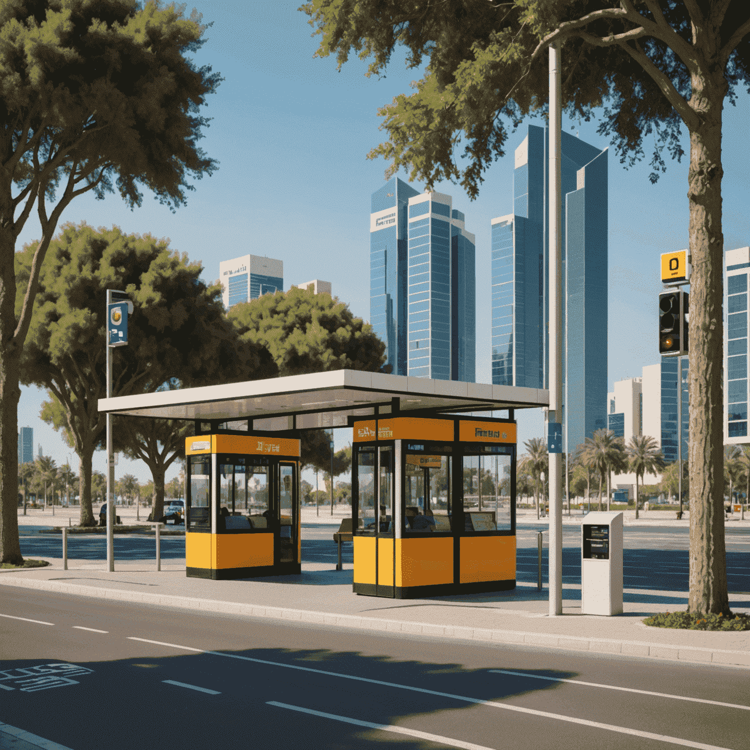 A pixelated bus stop design with retro-style elements, showcasing the transformation of Abu Dhabi's urban landscape