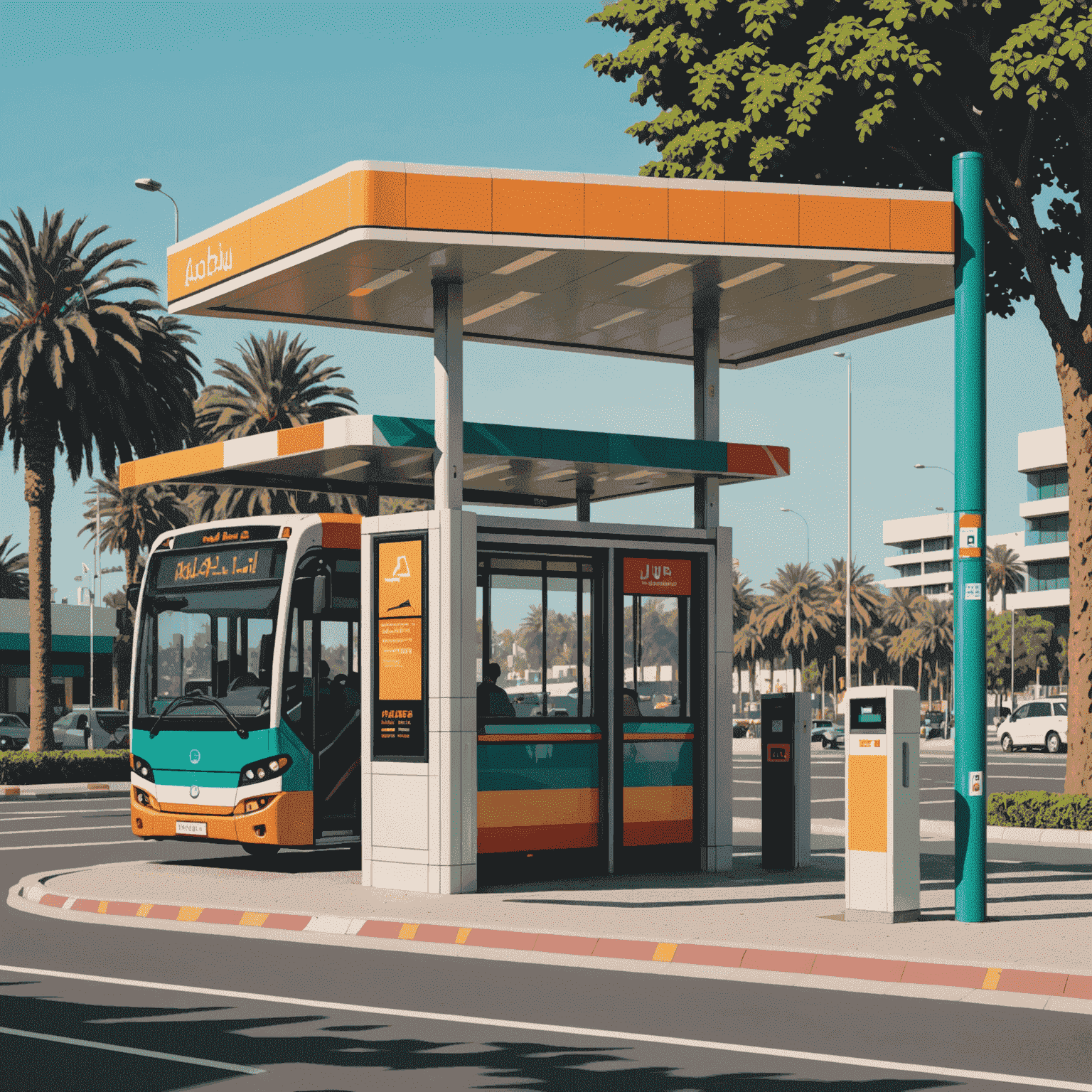 A pixelated rendering of an Abu Dhabi bus stop being transformed with retro pixel art designs. The image shows before and after views, with the new design featuring vibrant colors and nostalgic 8-bit style patterns.