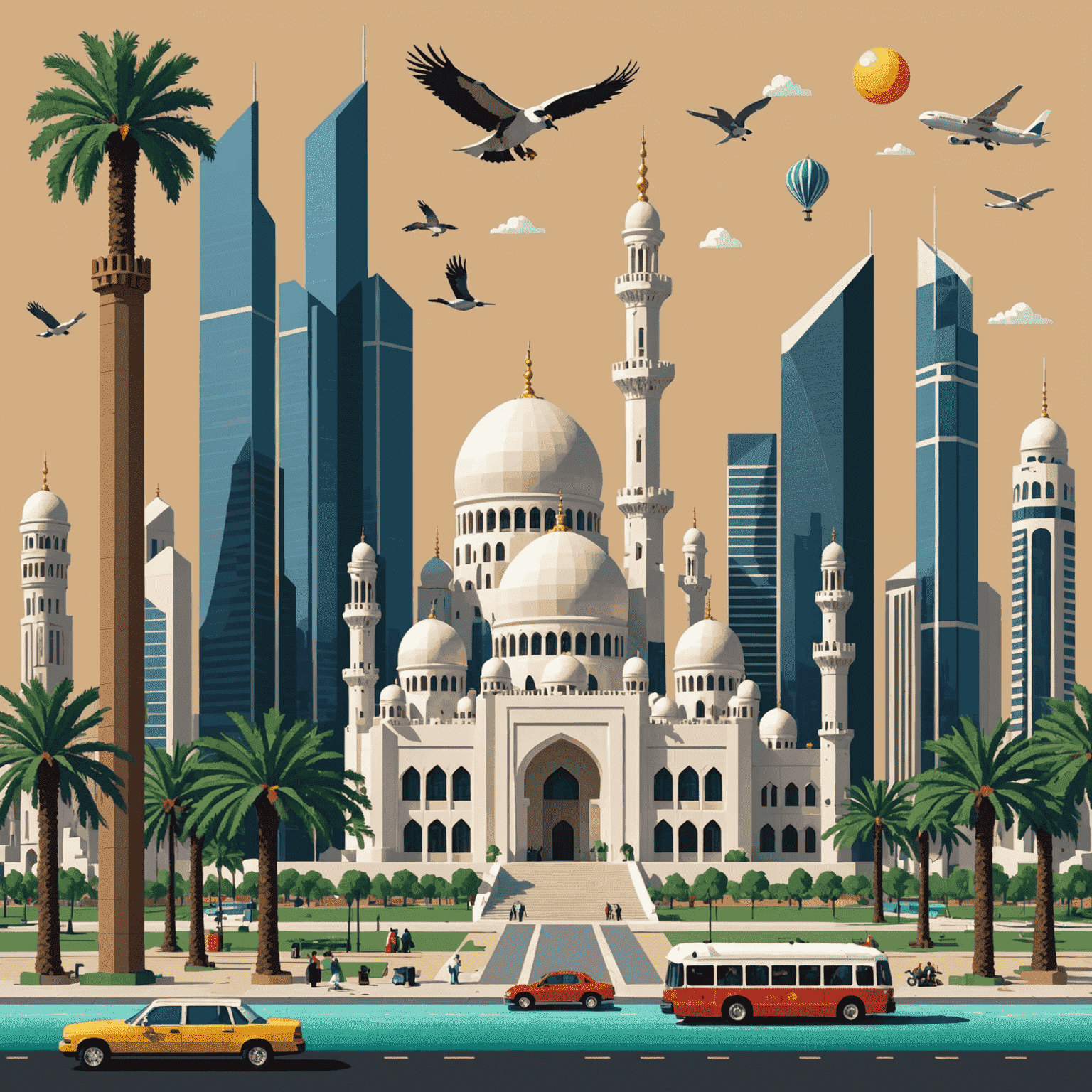 Pixel art collage showing various Abu Dhabi landmarks and cultural symbols, created by local artists for bus stop decorations