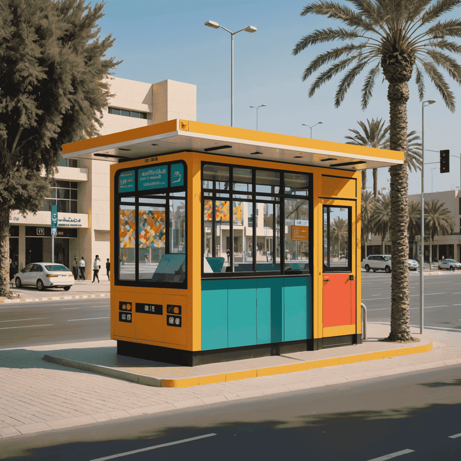 A pixelated image of a bus stop being restored with vibrant colors and retro designs, showcasing the blend of nostalgia and modern aesthetics in Abu Dhabi's urban landscape