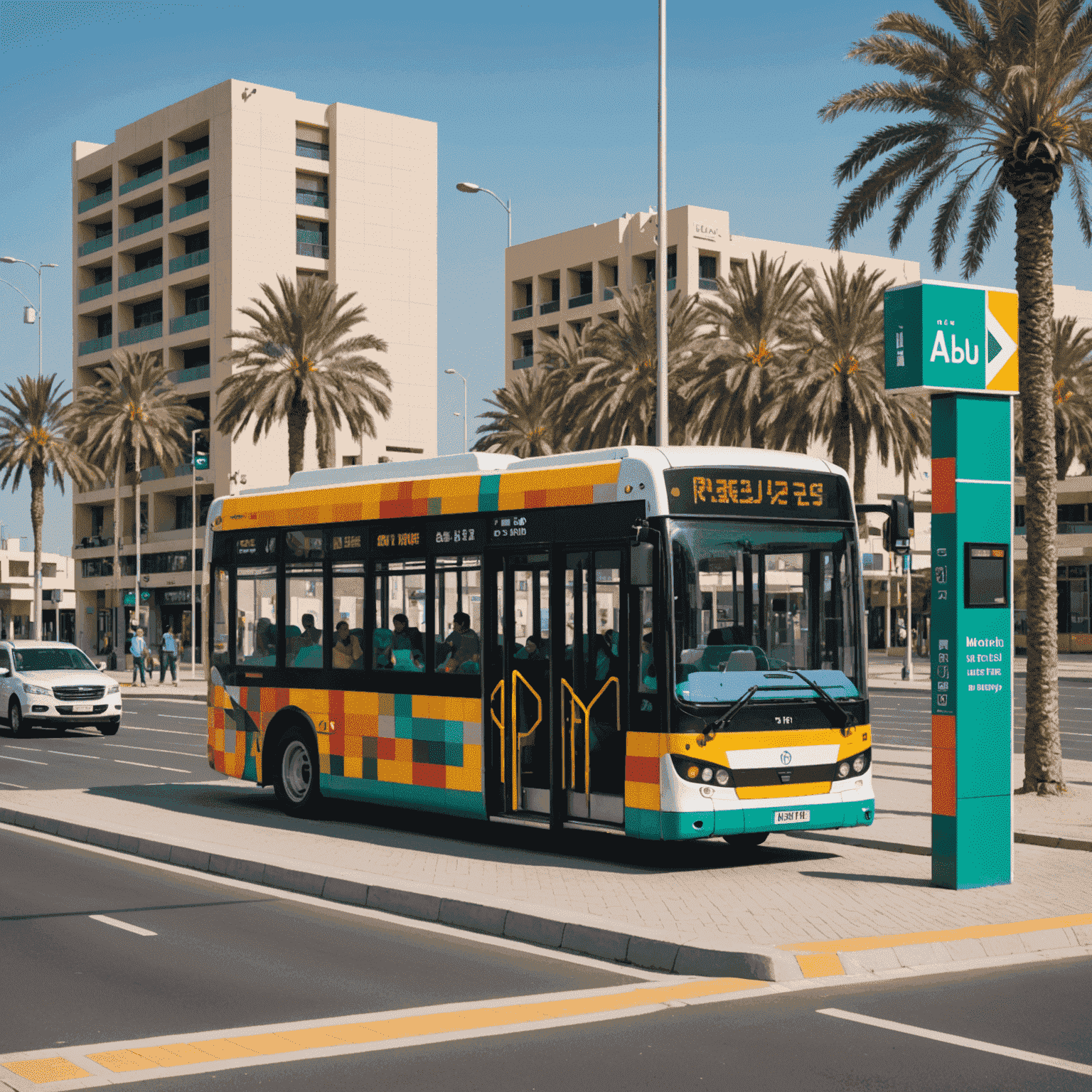 A pixelated illustration of an Abu Dhabi bus stop transformed with colorful pixel art, showing before and after states. The restored stop features retro-style patterns and characters inspired by local culture, attracting smiling passengers.