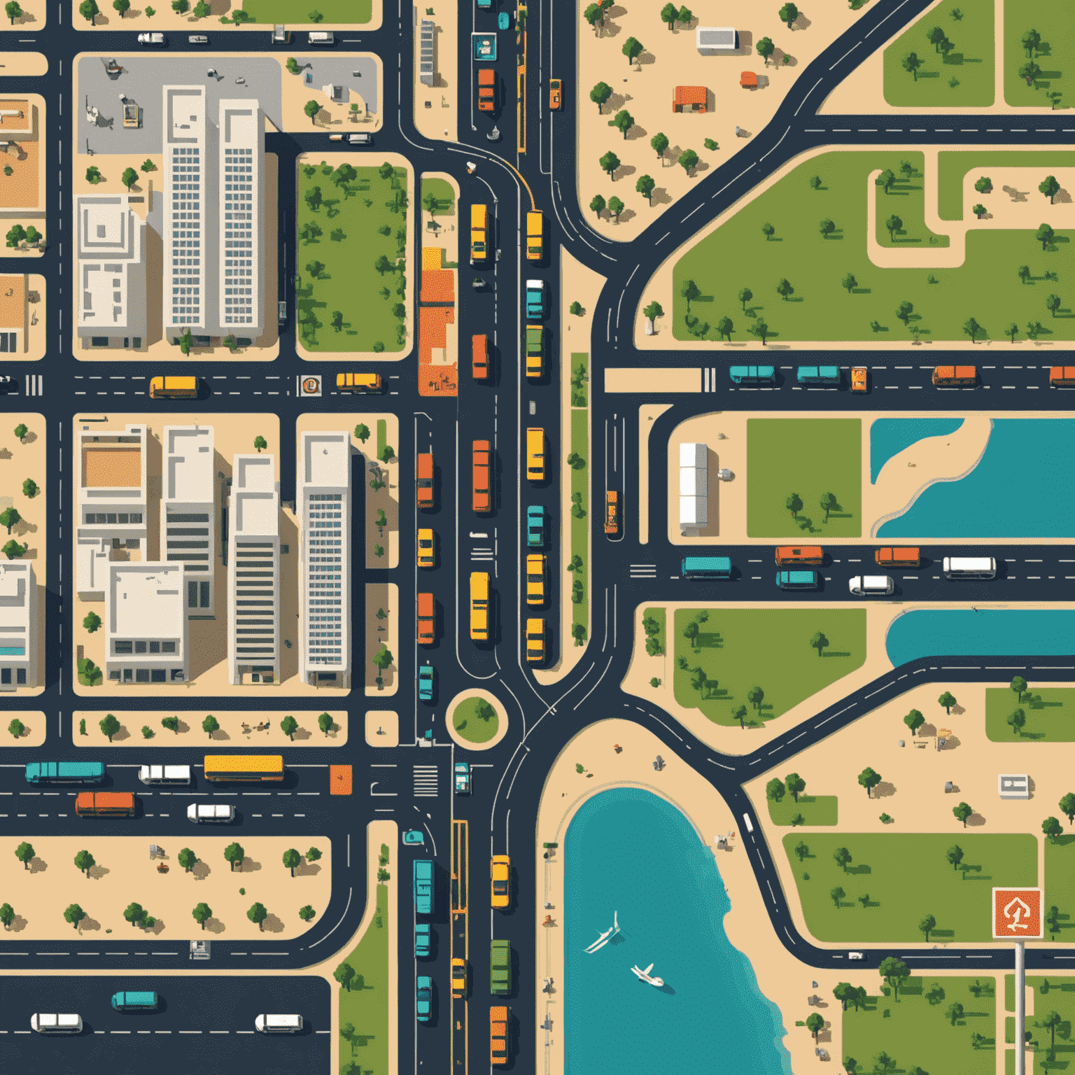 Pixel art map of Abu Dhabi showing bus stops as colorful icons on a grid, with retro-style buildings and landmarks