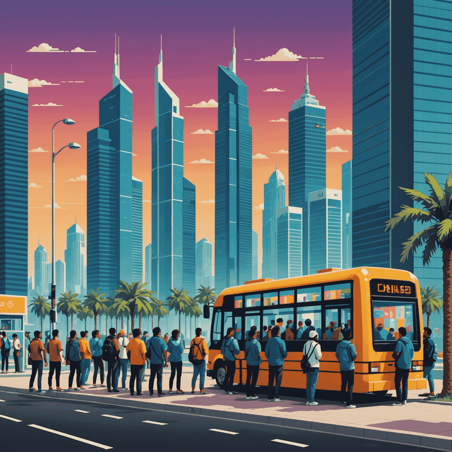 A pixelated illustration of diverse community members gathered around a large digital canvas, designing colorful pixel art bus stops. The background shows Abu Dhabi's skyline in a retro 8-bit style.