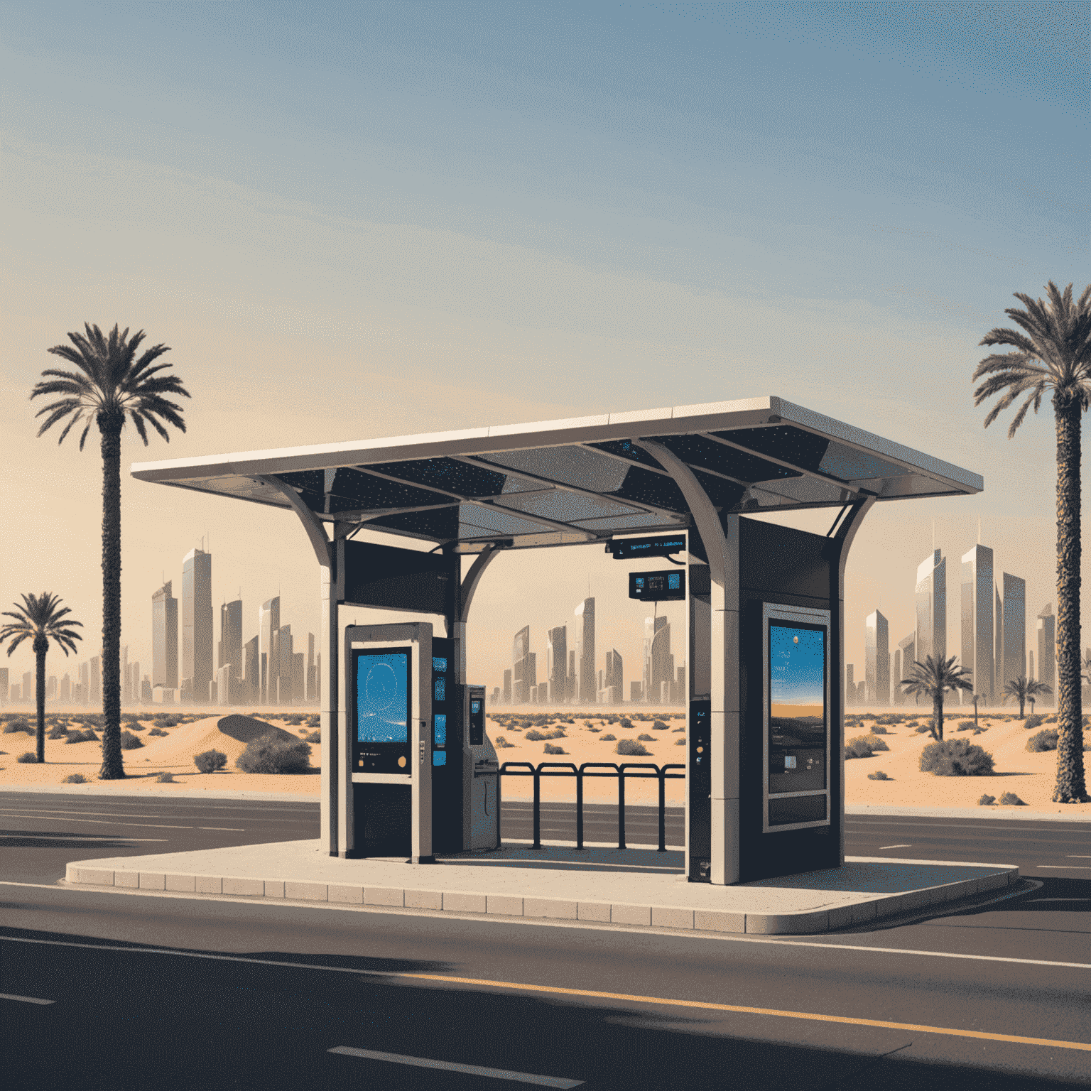 A pixel art illustration of a modernized bus stop in Abu Dhabi, featuring solar panels on the roof, digital displays, and maintaining a retro aesthetic. The bus stop is surrounded by desert landscape and modern city buildings.