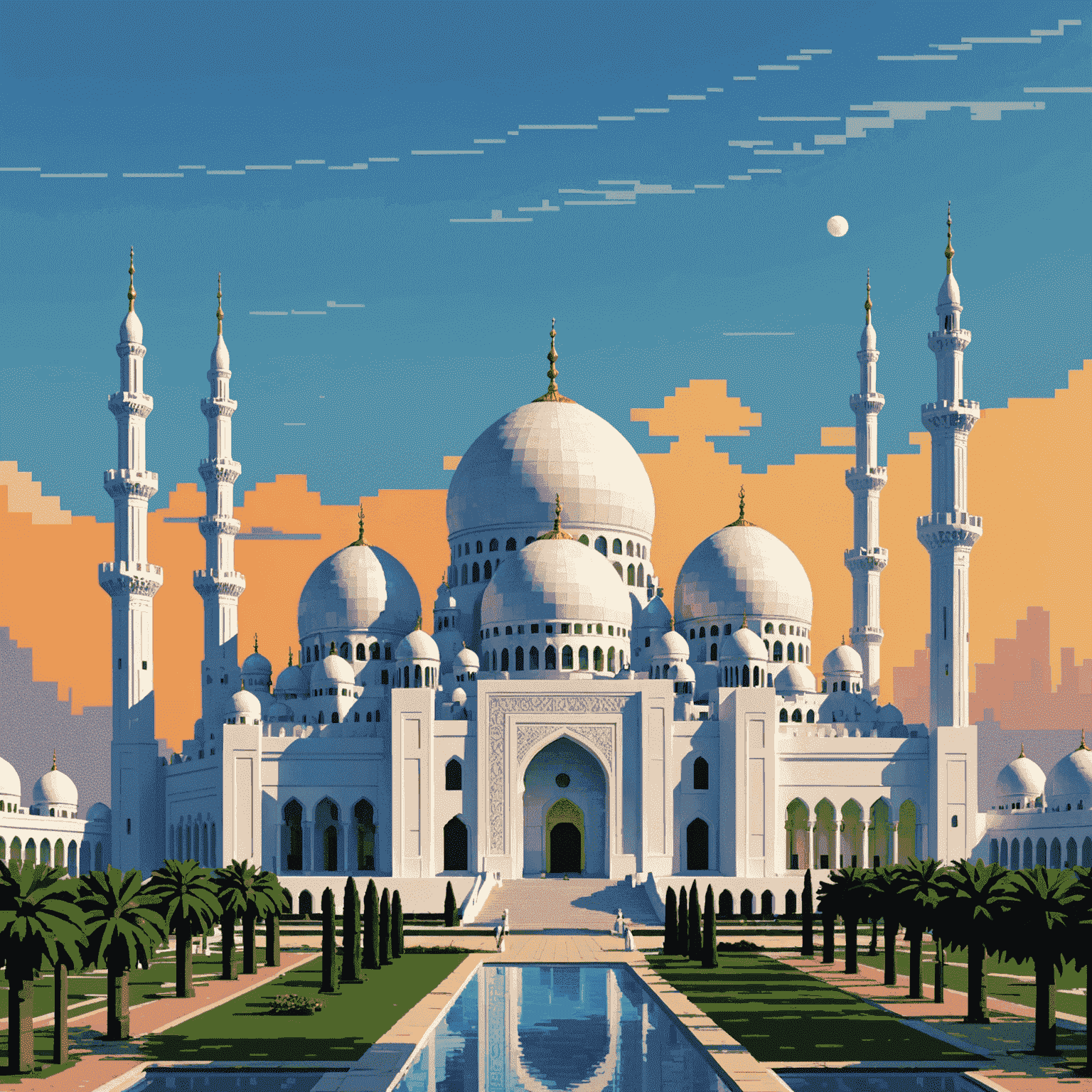 Pixel art portrait of Sheikh Zayed Grand Mosque with its iconic white domes and minarets, rendered in a nostalgic 8-bit style against a vibrant pixel sky
