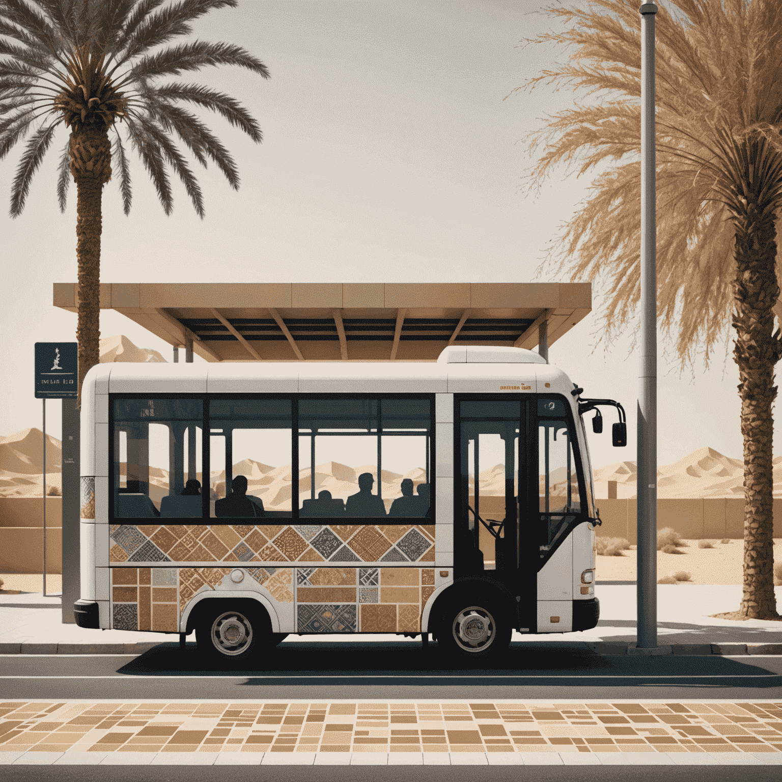 A close-up of a bus stop design blueprint showing pixelated patterns and color schemes inspired by Abu Dhabi's cultural heritage, including desert landscapes and traditional architecture motifs.