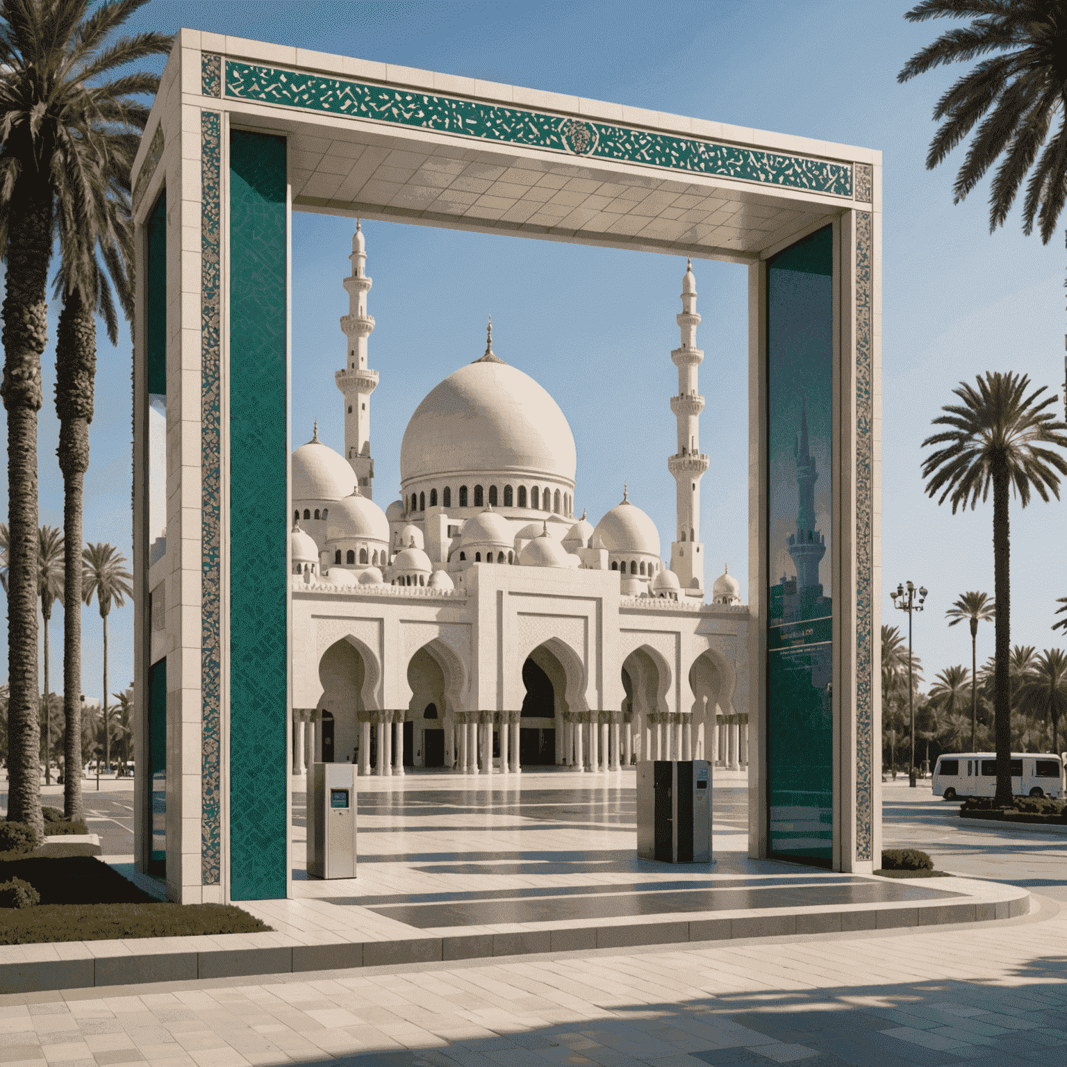 Pixel art rendering of Sheikh Zayed Grand Mosque integrated into a modernized bus stop design