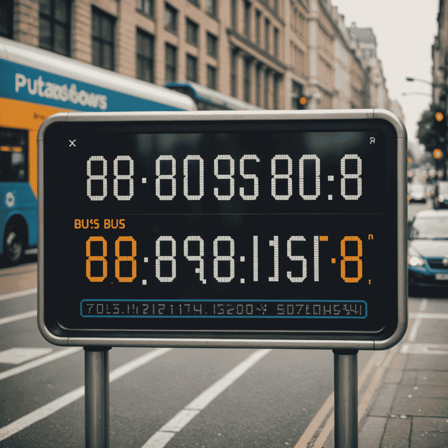 Close-up of a pixelated digital display showing bus arrival times in retro-style graphics