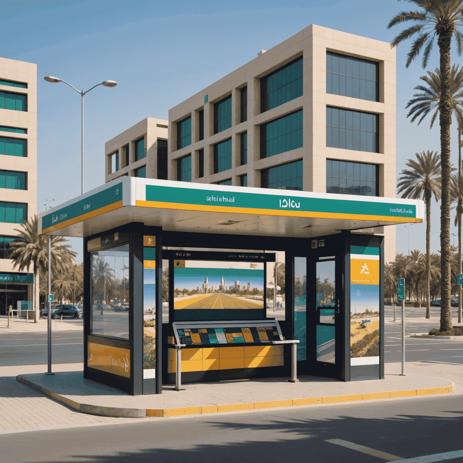 A series of pixelated images showing the step-by-step restoration process of an Abu Dhabi bus stop. The sequence displays the initial state, design phase, and final restored stop with vibrant pixel art depicting local landmarks and cultural symbols.