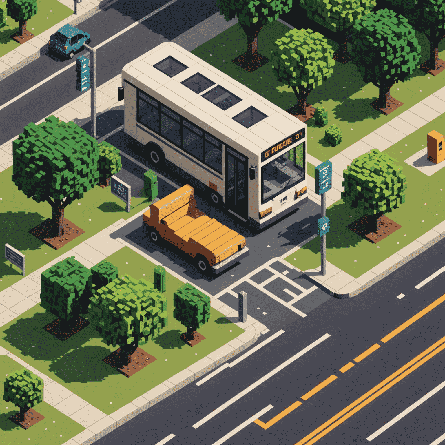 Close-up of a pixelated bus stop icon on the digital map, showing details like seating, shade structure, and surrounding vegetation in 8-bit style