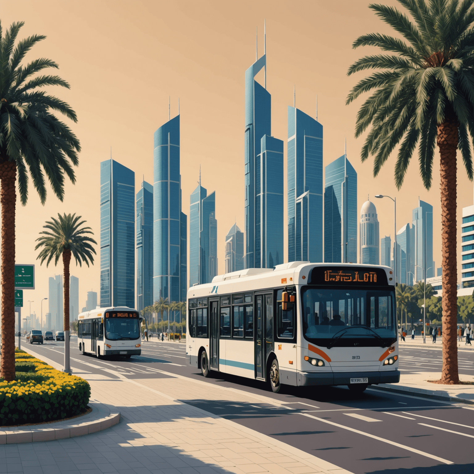 A panoramic pixel art view of Abu Dhabi's cityscape featuring modernized bus stops with unique, community-designed pixel art patterns. The image showcases a blend of traditional architecture and futuristic elements, all in a charming 8-bit style.