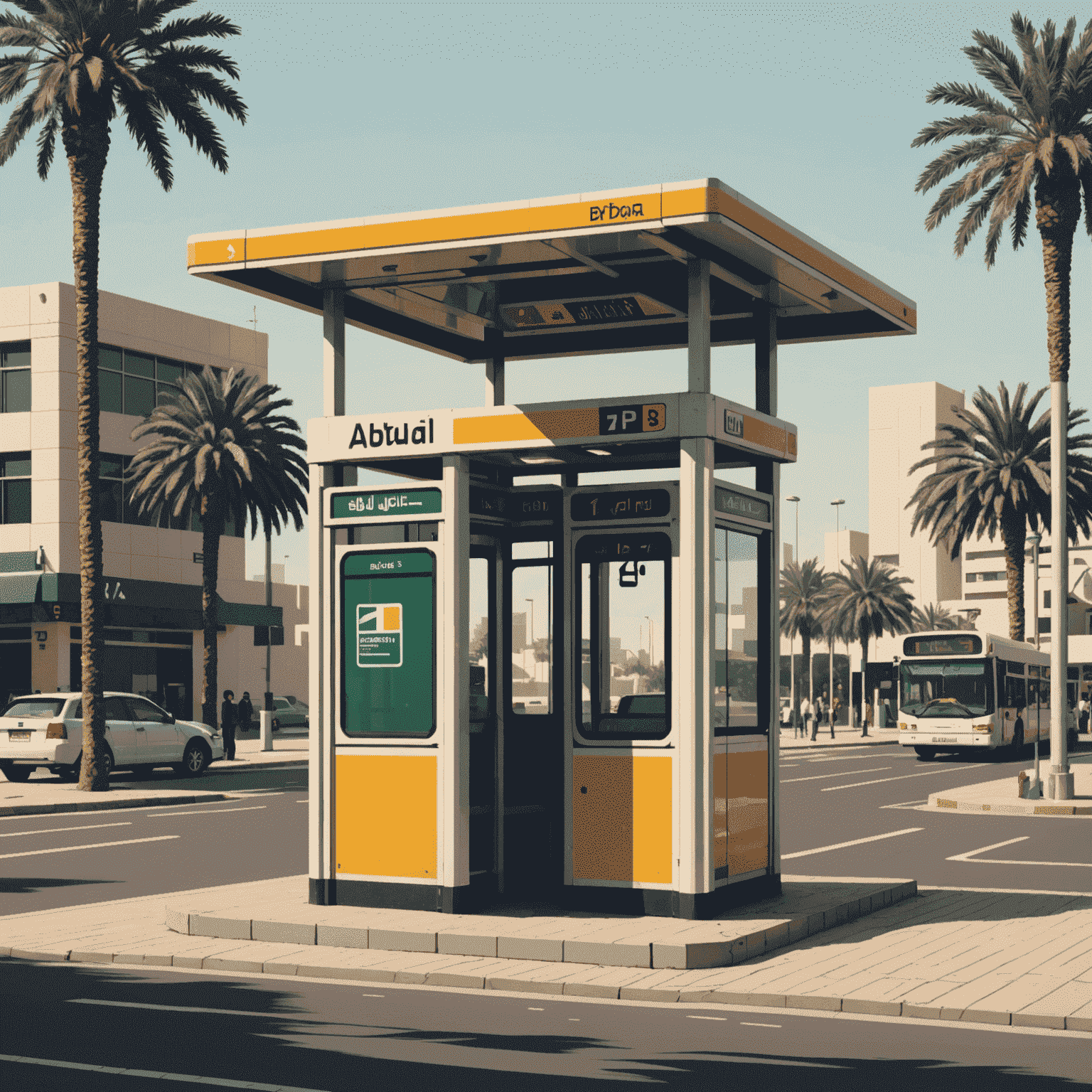 A pixel art representation of an old Abu Dhabi bus stop, showing its vintage charm but outdated features
