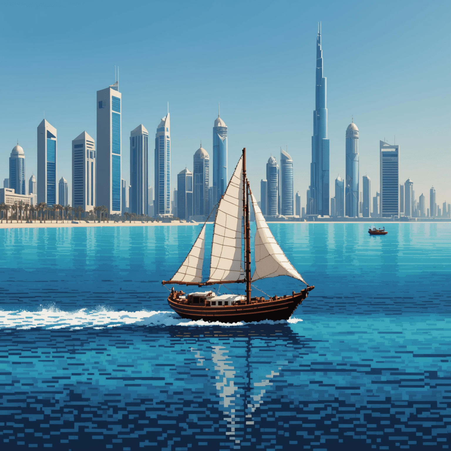 Pixel art depiction of a traditional Abu Dhabi dhow boat sailing on pixelated blue waters, with the modern skyline in the background, all in retro 8-bit graphics