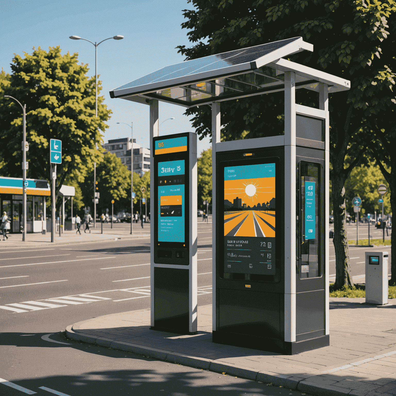 A pixelated illustration of a bus stop with digital displays and solar panels, showcasing the blend of retro aesthetics and modern technology