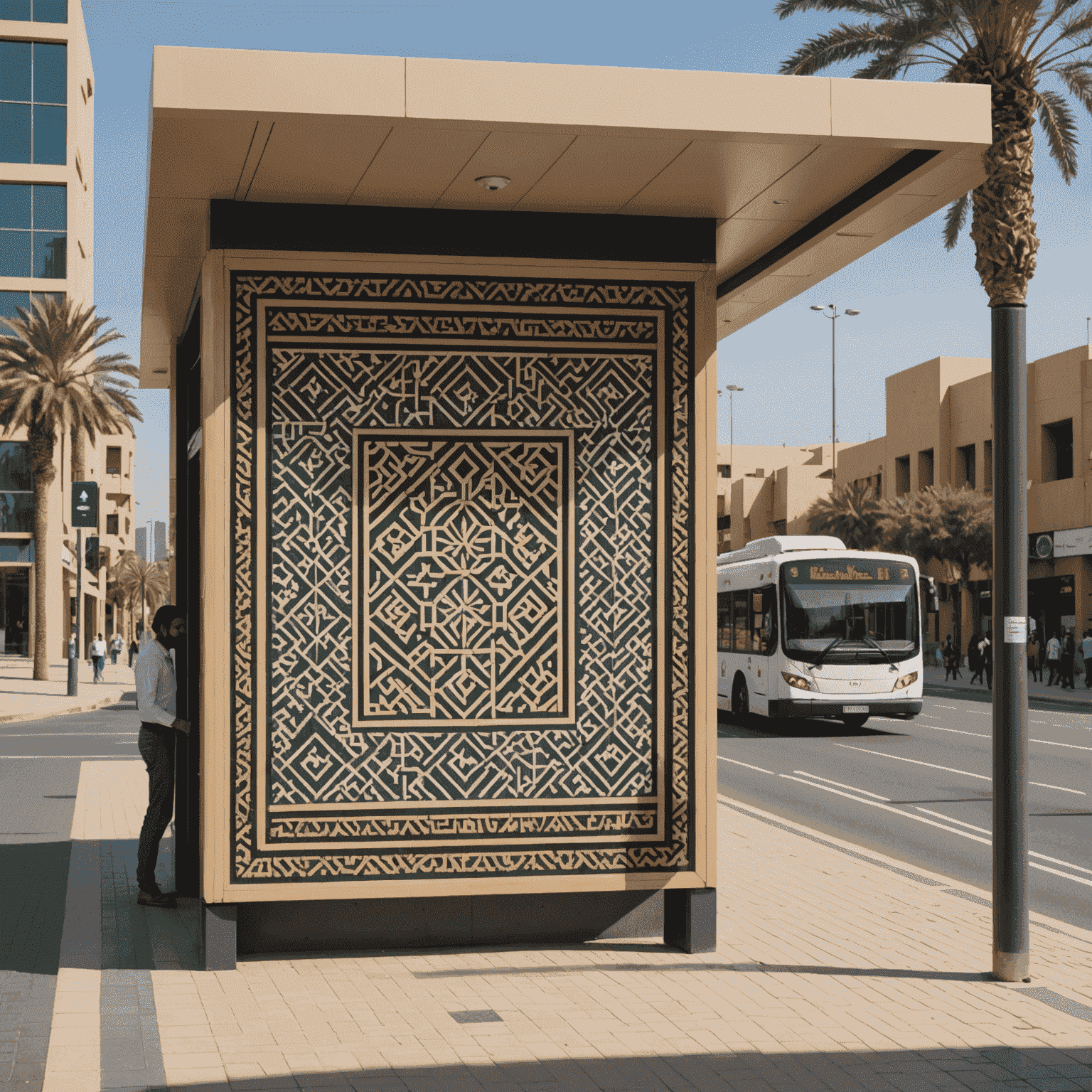 Local artist working on a pixel art design of traditional Emirati patterns for a bus stop renovation
