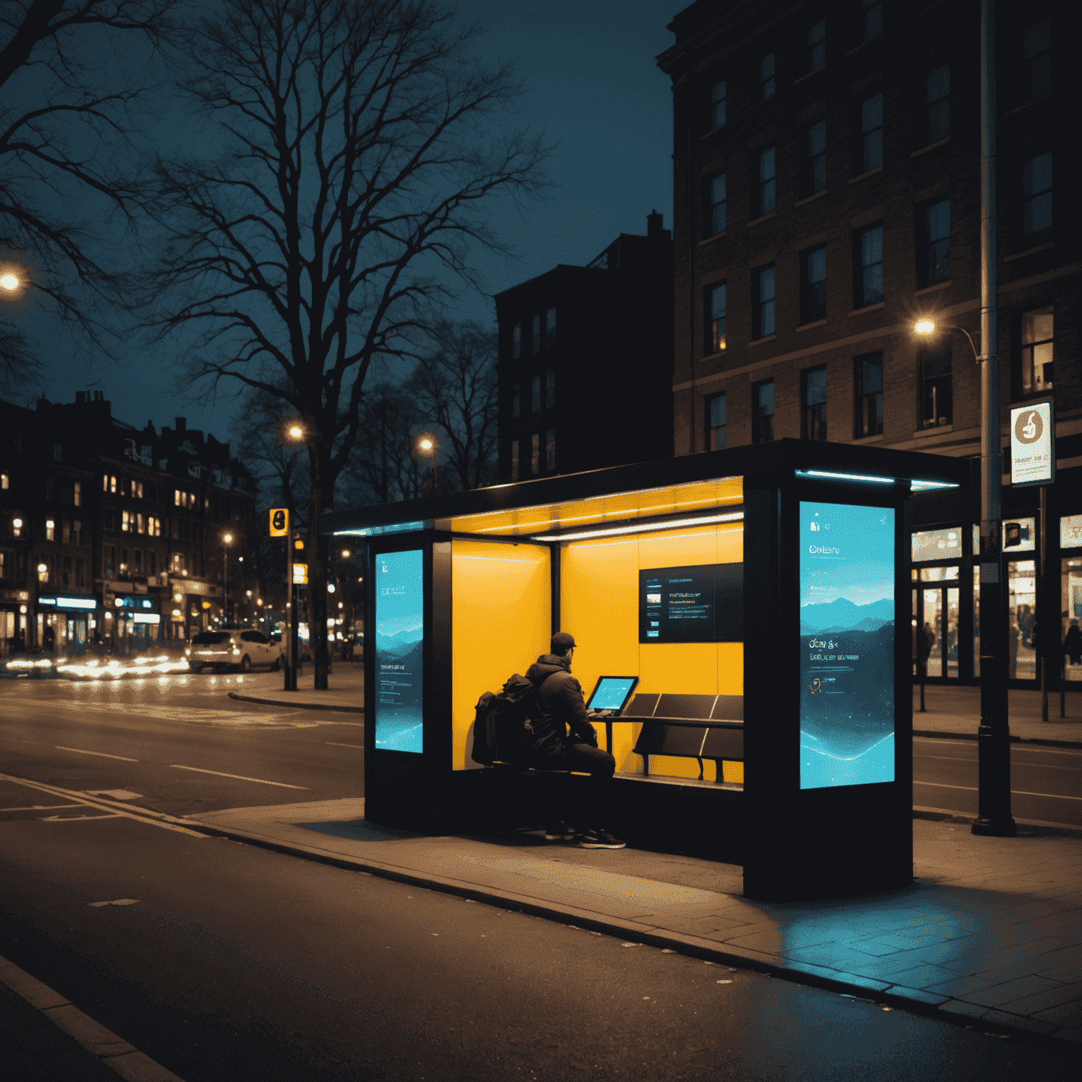 Wide shot of a modernized pixelated bus shelter at night, with glowing solar-powered lights and commuters using the charging stations