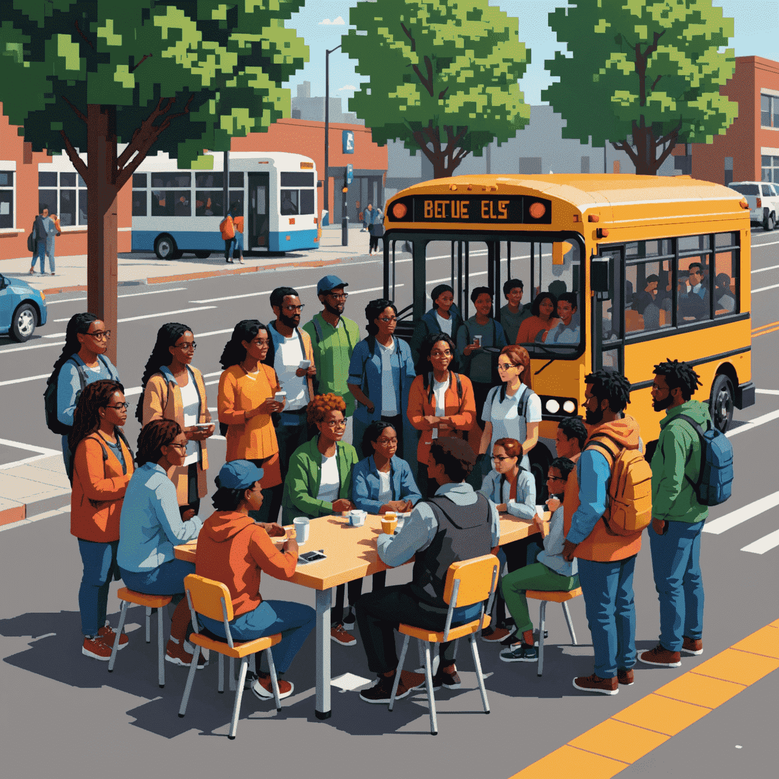 A pixelated scene of diverse community members gathered around a table, creating colorful pixel art designs for bus stops