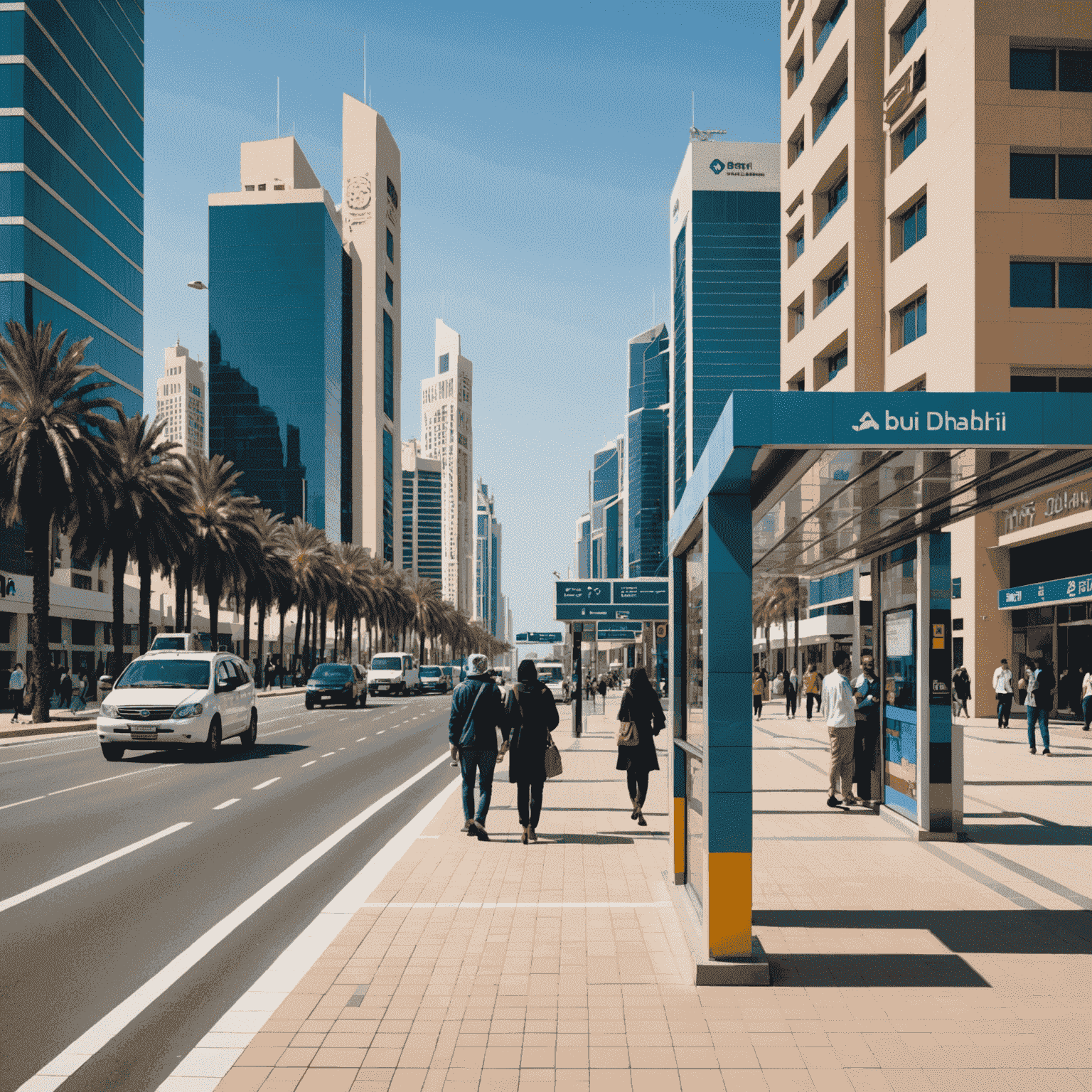 A pixelated cityscape of Abu Dhabi featuring multiple restored bus stops, each with unique pixel art designs. The image shows people interacting with the stops, taking photos, and enjoying the revitalized urban environment.