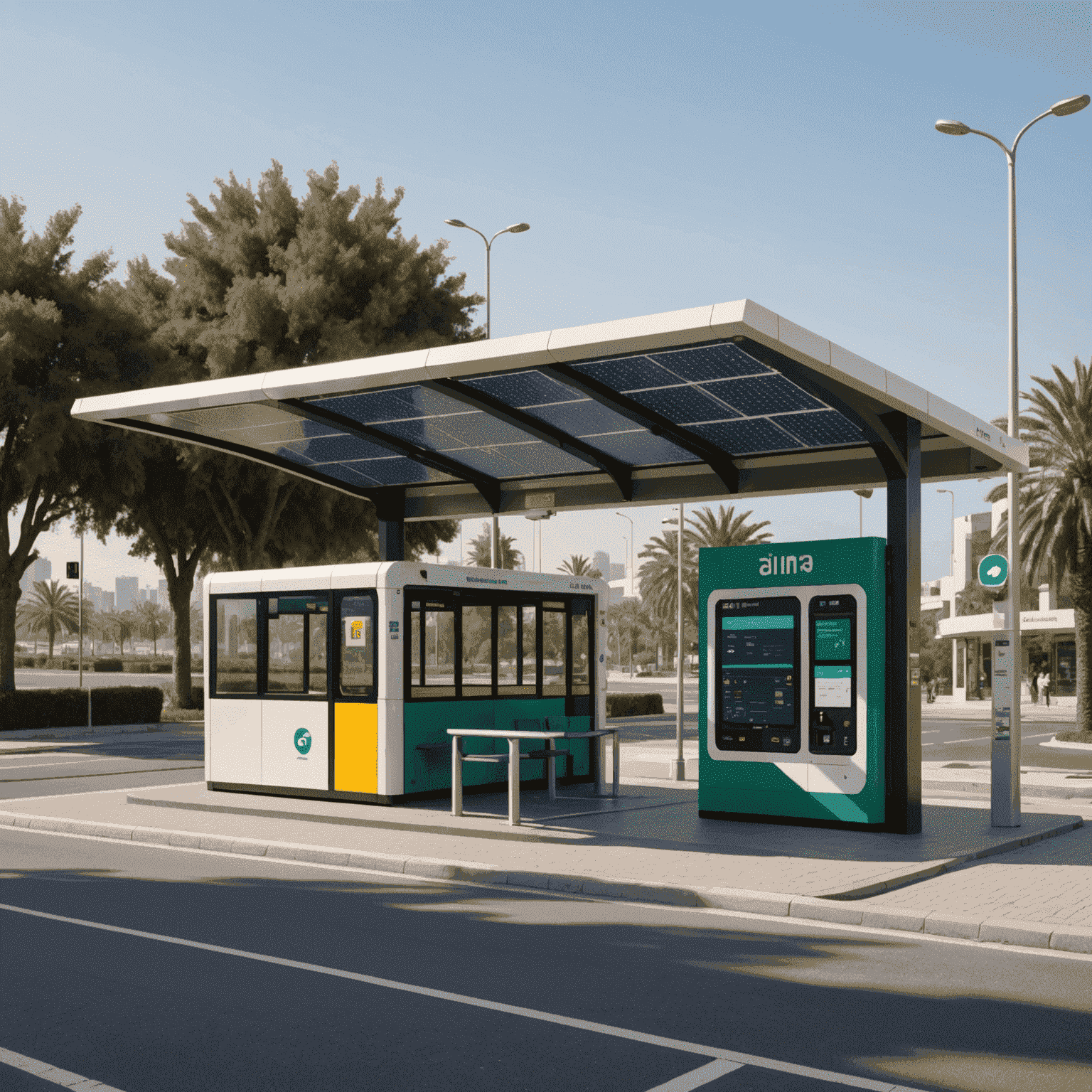 A pixel art representation of the same Abu Dhabi bus stop after sustainable upgrades, featuring solar panels, digital displays, and improved seating while maintaining its retro aesthetic