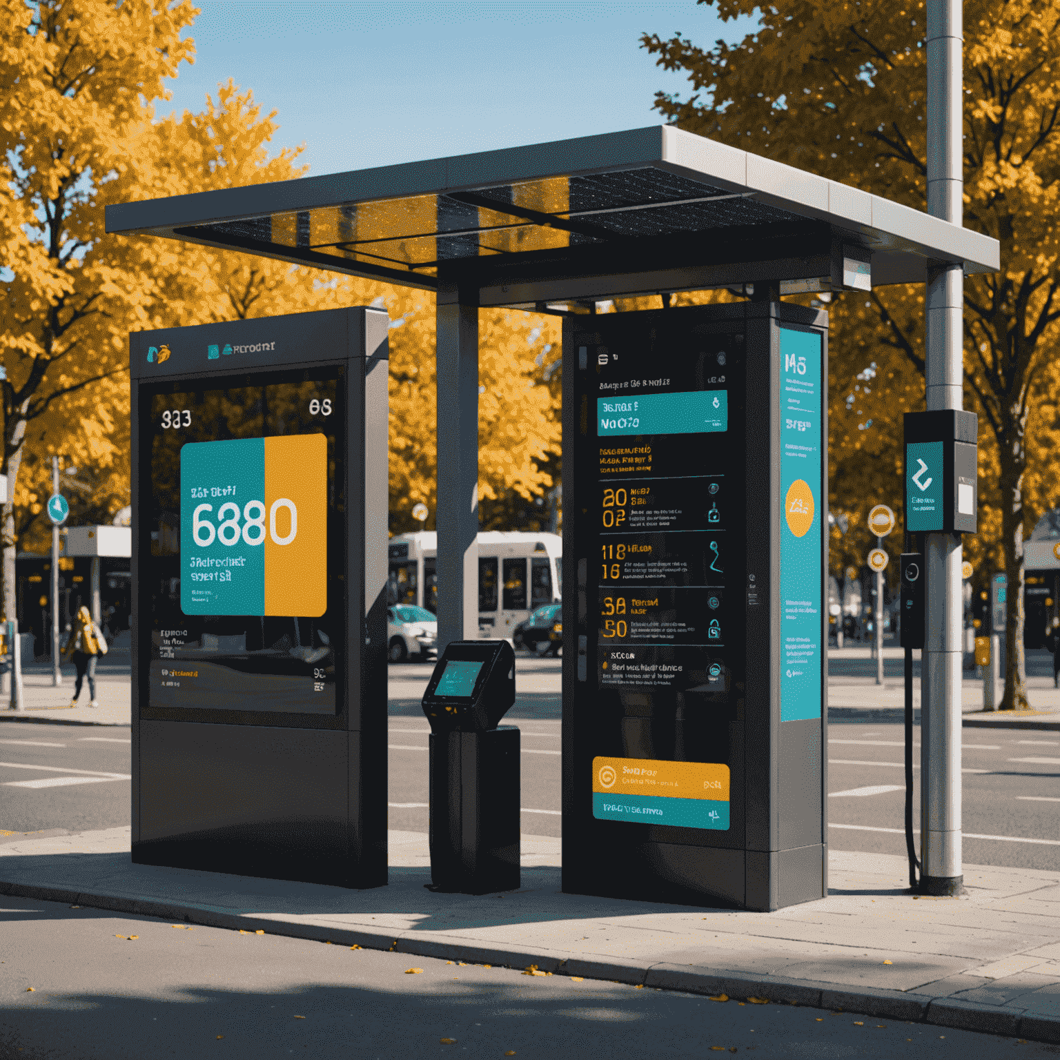 A pixelated illustration of a modern bus stop with solar panels and digital displays, showcasing eco-friendly upgrades while maintaining a retro pixel aesthetic