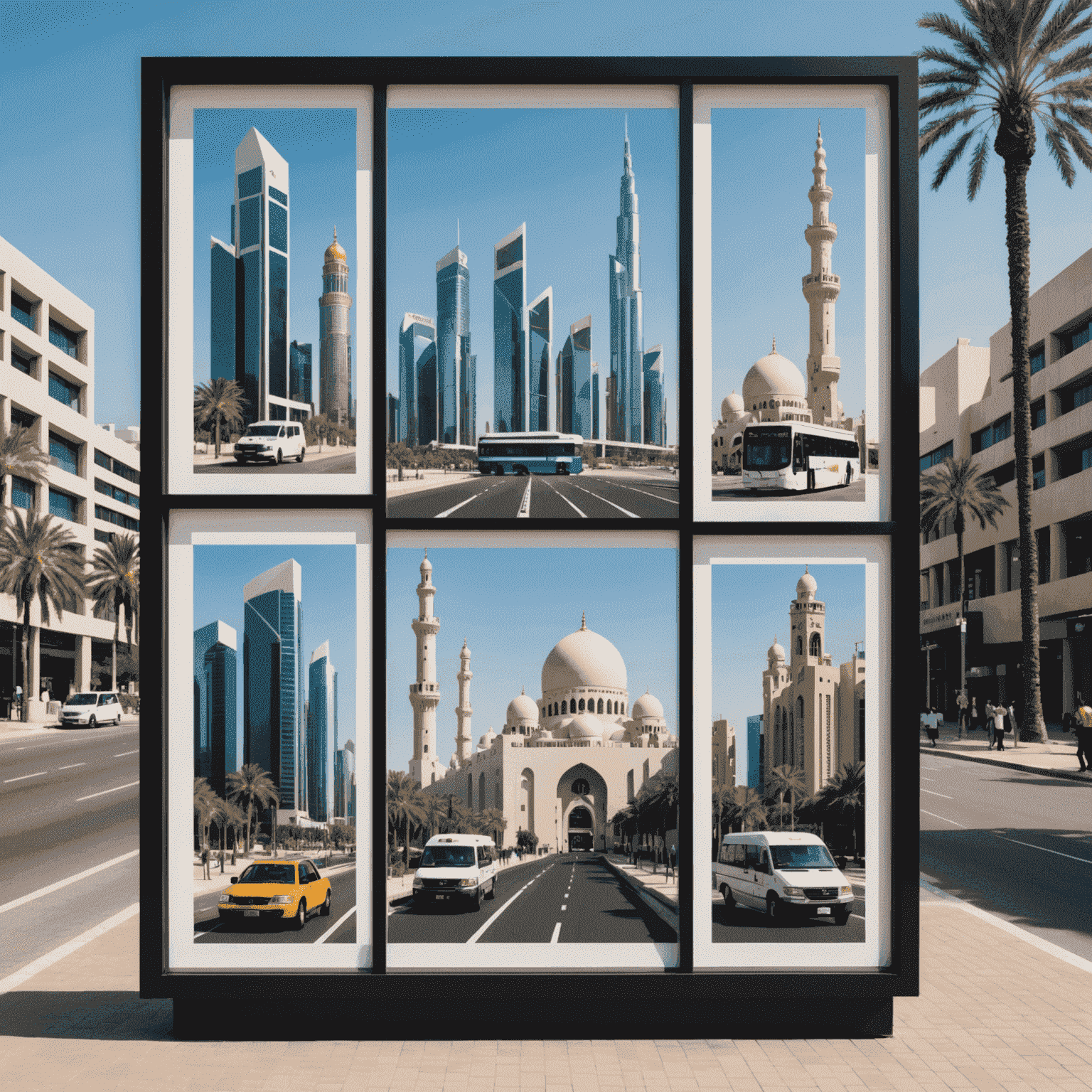 A collection of pixelated portraits featuring iconic Abu Dhabi landmarks and personal memories, displayed on stylized bus stop frames